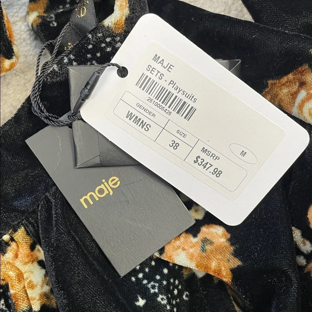 NWT Maje Inouk Floral Velvet Puff Sleeve Playsuit Black Floral Romper Sz 38